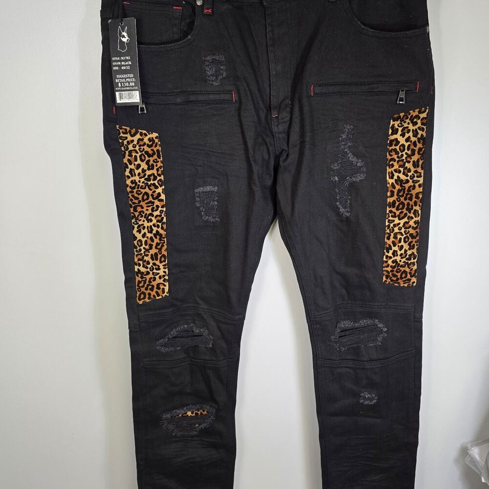 Makobi Big & Tall Ripped  Repair Jeans With Leopard Print Patch  Black 40/32 NWT